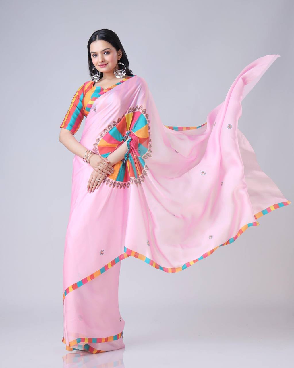 Teeya Creation Pink Color Japan Satin Silk Digital Print Ready To Wear Saree | Swadesiicart