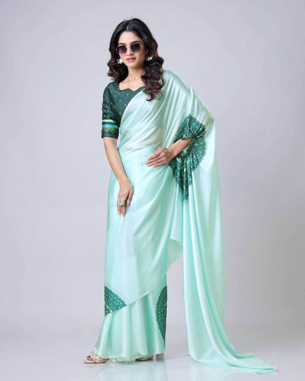 Teeya Creation Pista Color Japan Satin Silk Digital Print Ready To Wear Saree | Swadesiicart