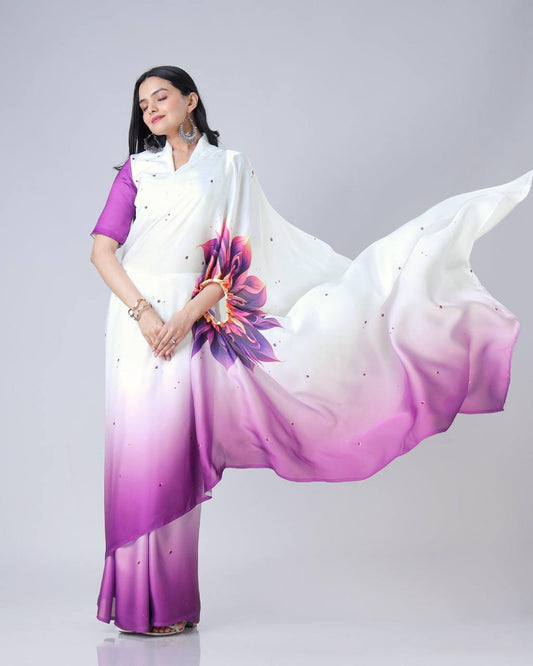 Teeya Creation Purple Color Japan Satin Silk Digital Print Ready To Wear Saree | Swadesiicart