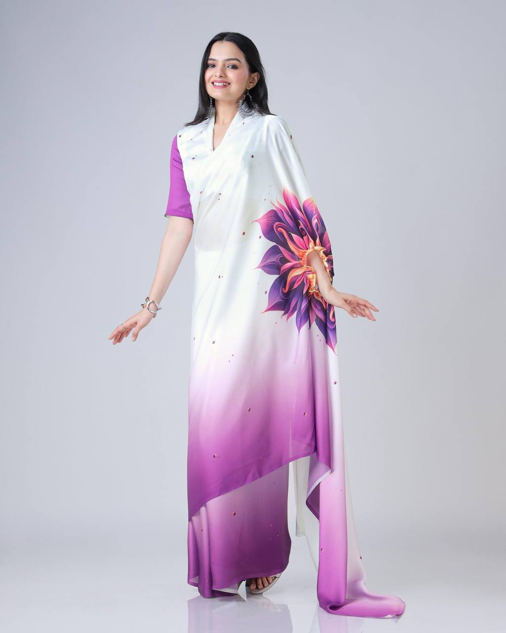 Teeya Creation Purple Color Japan Satin Silk Digital Print Ready To Wear Saree | Swadesiicart