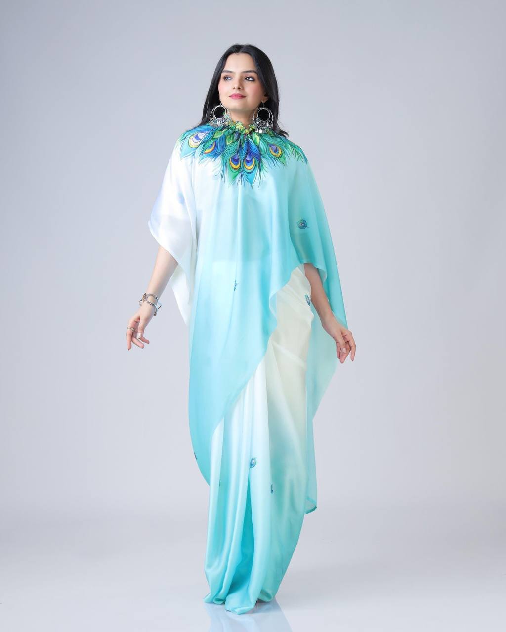Teeya Creation Sky Color Japan Satin Silk Digital Print Ready To Wear Saree | Swadesiicart