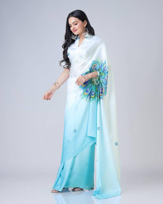 Teeya Creation Sky Color Japan Satin Silk Digital Print Ready To Wear Saree | Swadesiicart