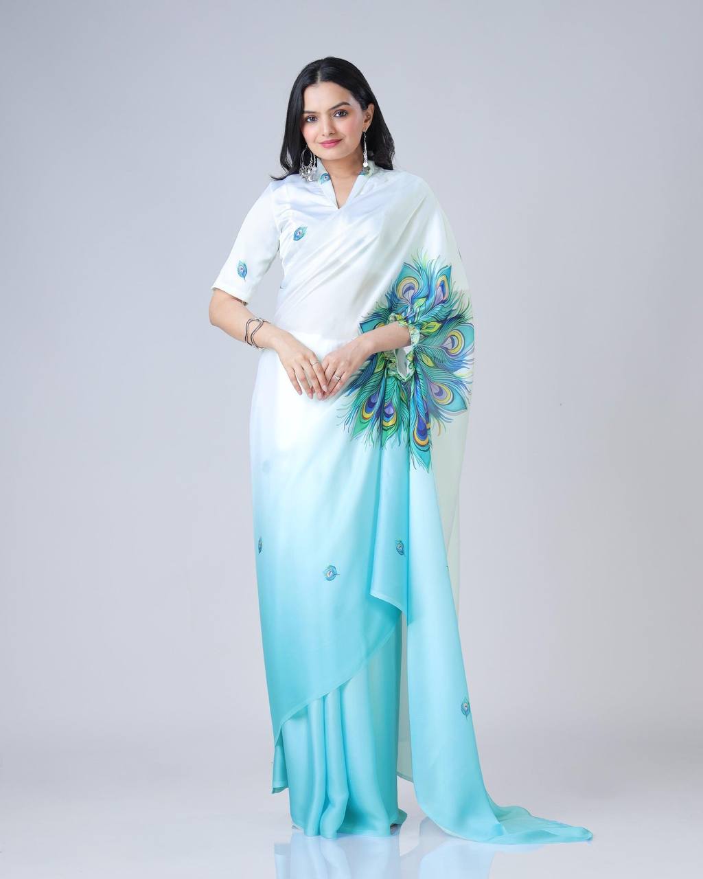 Teeya Creation Sky Color Japan Satin Silk Digital Print Ready To Wear Saree | Swadesiicart