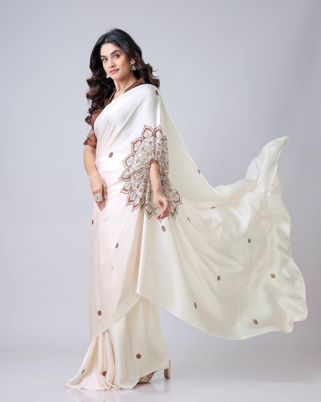 Teeya Creation White Color Japan Satin Silk Digital Print Ready To Wear Saree | Swadesiicart