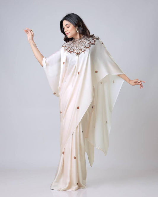 Teeya Creation White Color Japan Satin Silk Digital Print Ready To Wear Saree | Swadesiicart