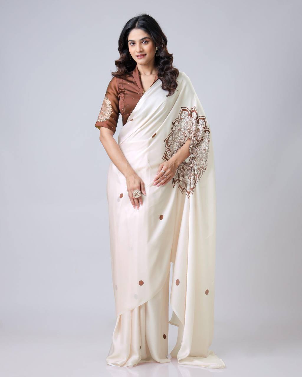 Teeya Creation White Color Japan Satin Silk Digital Print Ready To Wear Saree | Swadesiicart