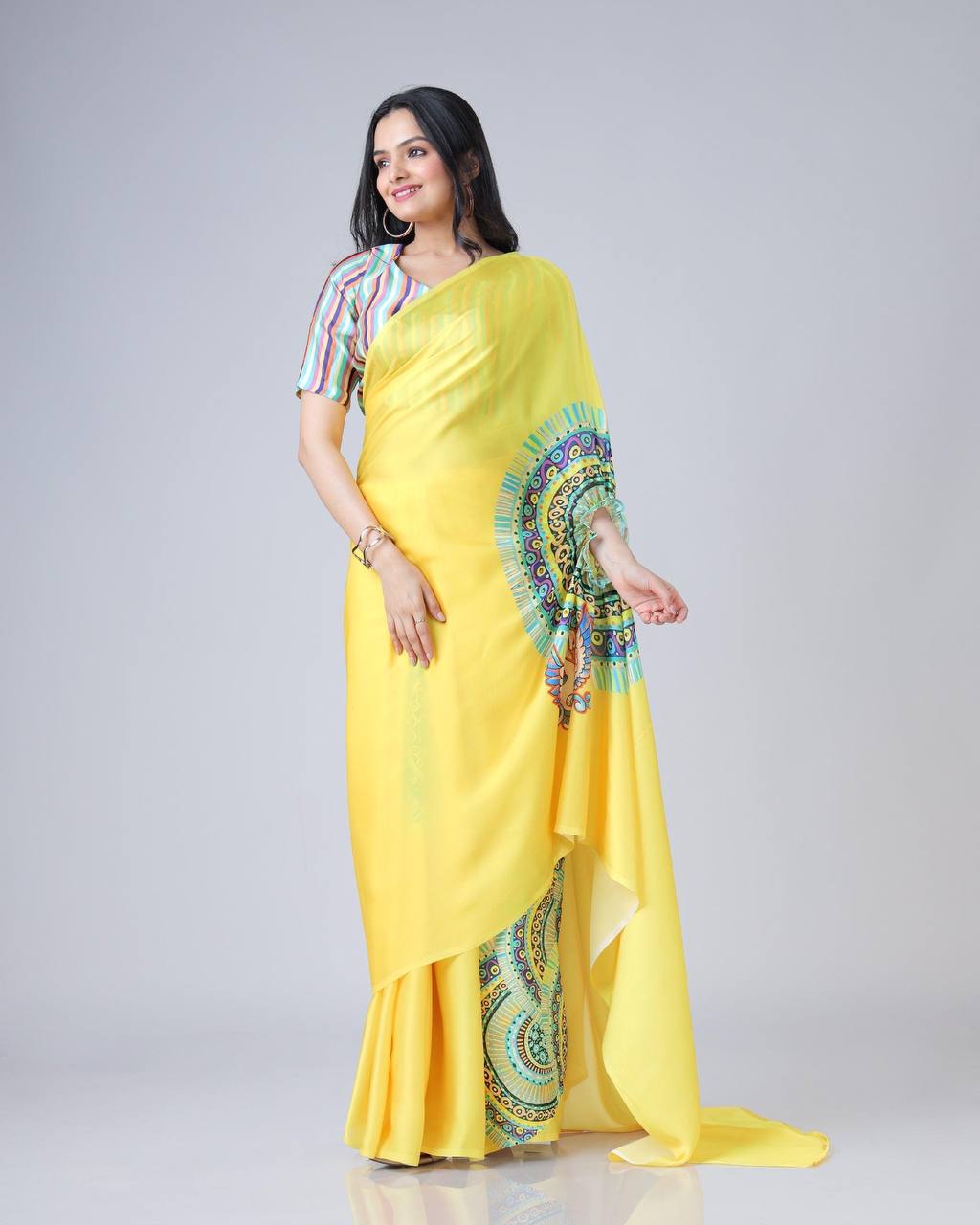 Teeya Creation Yellow Color Japan Satin Silk Digital Print Ready To Wear Saree | Swadesiicart