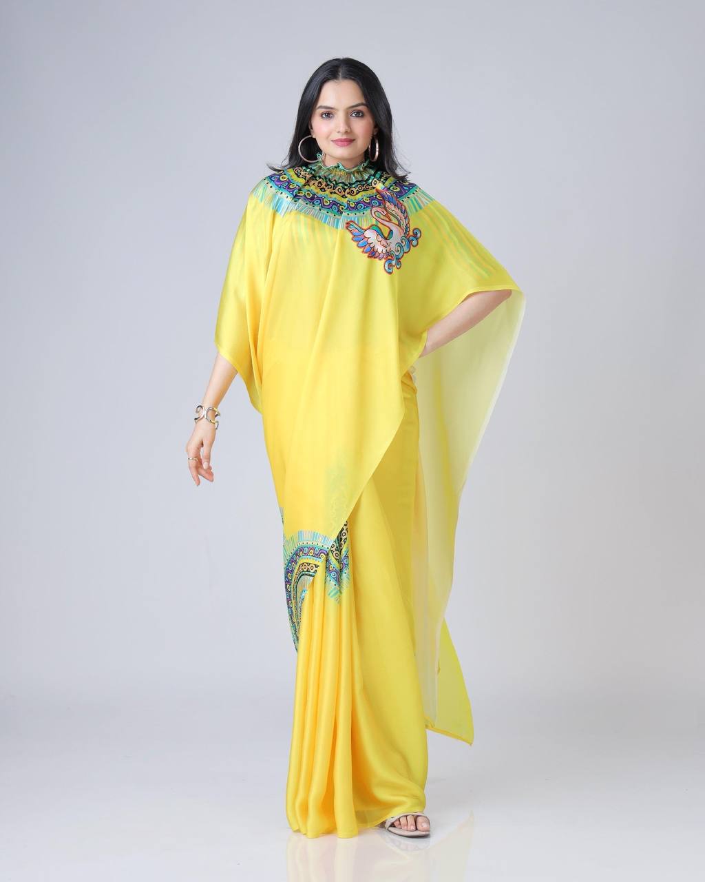 Teeya Creation Yellow Color Japan Satin Silk Digital Print Ready To Wear Saree | Swadesiicart