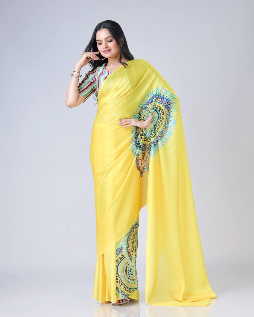 Teeya Creation Yellow Color Japan Satin Silk Digital Print Ready To Wear Saree | Swadesiicart