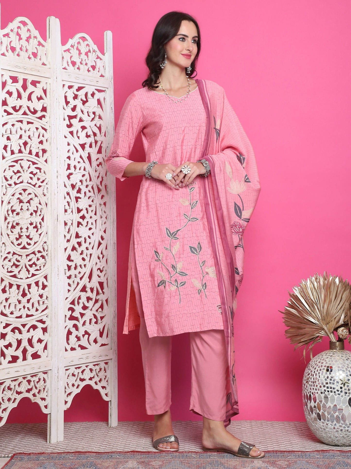 Jyoti Fashion Women's Pink Muslin Floral Print with Jari & Crystal work Kurta with Trouser & Dupatta | Swadesiicart