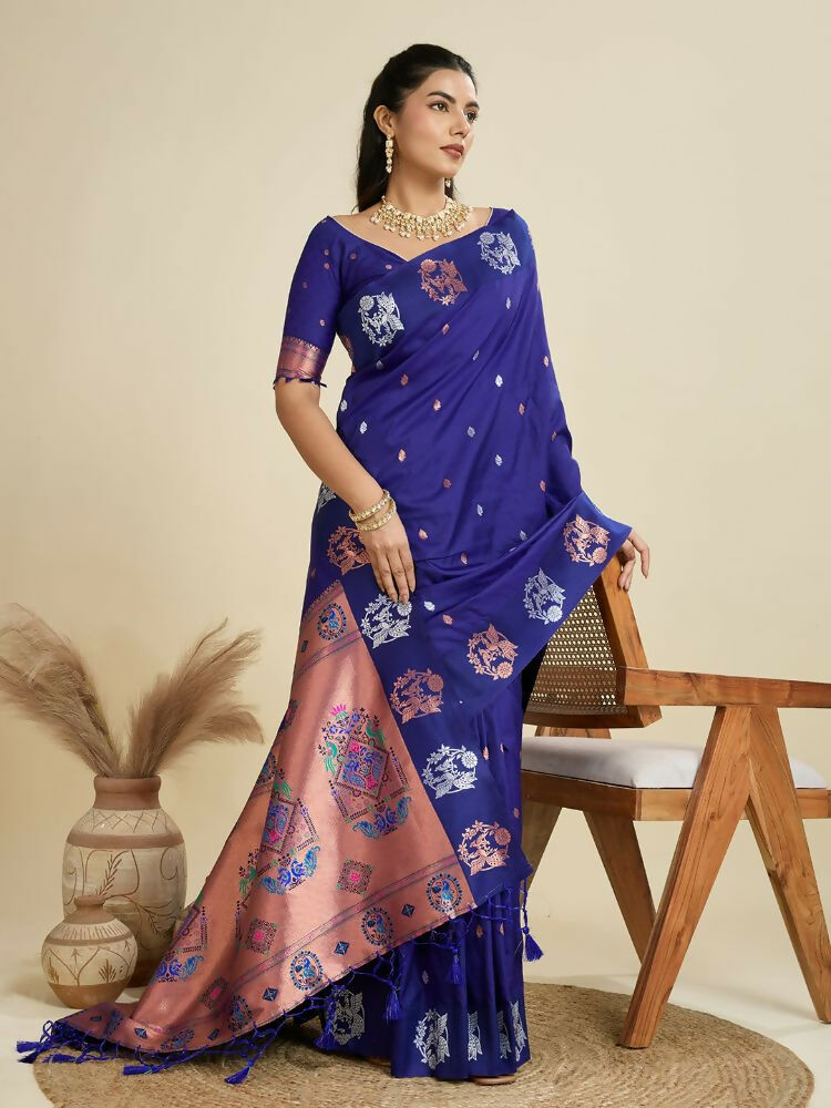 Vishnu Weaves Women's Royal-blue Banarasi Silk Zari Woven Saree with Blouse - Swadesiicart