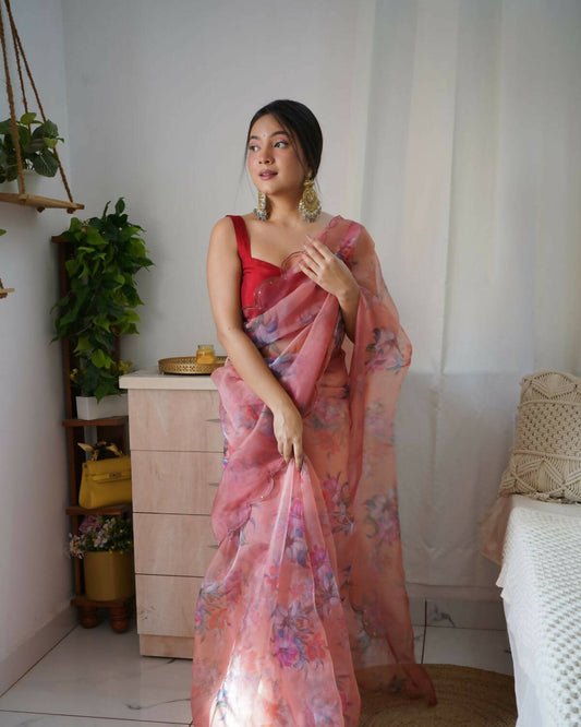 Vamsee Peach Organza Saree - Swadesiicart