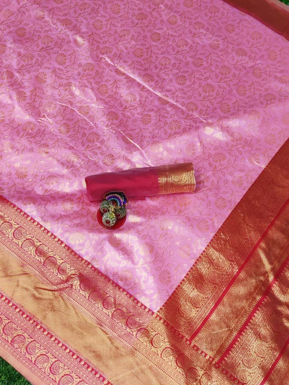 DEIANA'S Beautiful Designer Golden zari Soft Lichi Silk Saree - Pink - Swadesiicart
