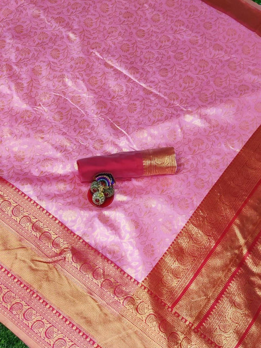 DEIANA'S Beautiful Designer Golden zari Soft Lichi Silk Saree - Pink - Swadesiicart