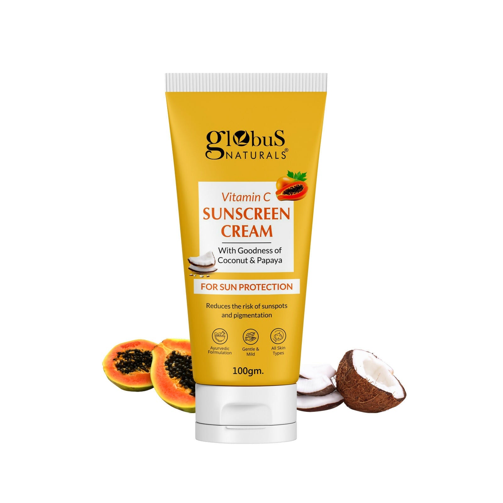Globus Naturals Vitamin C Sunscreen Cream with Goodness of Coconut & Papaya For Sun Protection All Skin Types | Swadesiicart