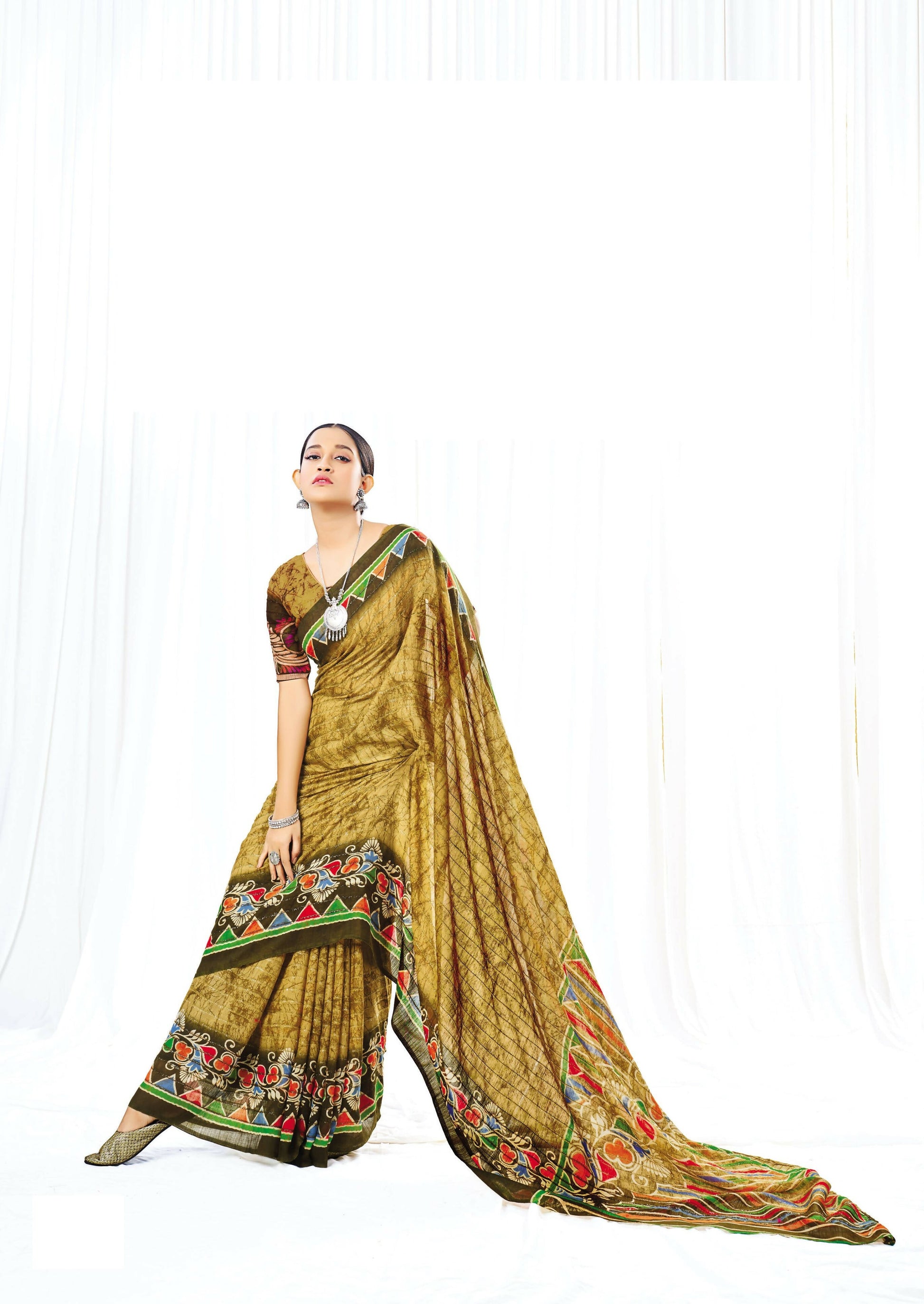 Beige Chanderi Cotton Floral Printed Saree With Unstitched Blouse Piece - Kathika
