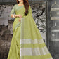 Shree Shyam Fashion Elegant Olive Green Woven Linen Saree with Contrast Zari Border & Tassels - Soft & Breathable Party Wear