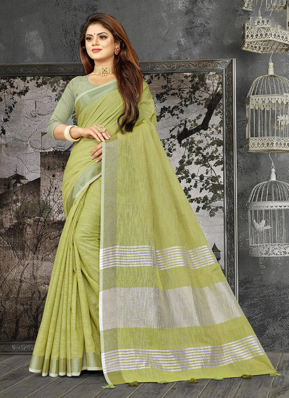 Shree Shyam Fashion Elegant Olive Green Woven Linen Saree with Contrast Zari Border & Tassels - Soft & Breathable Party Wear