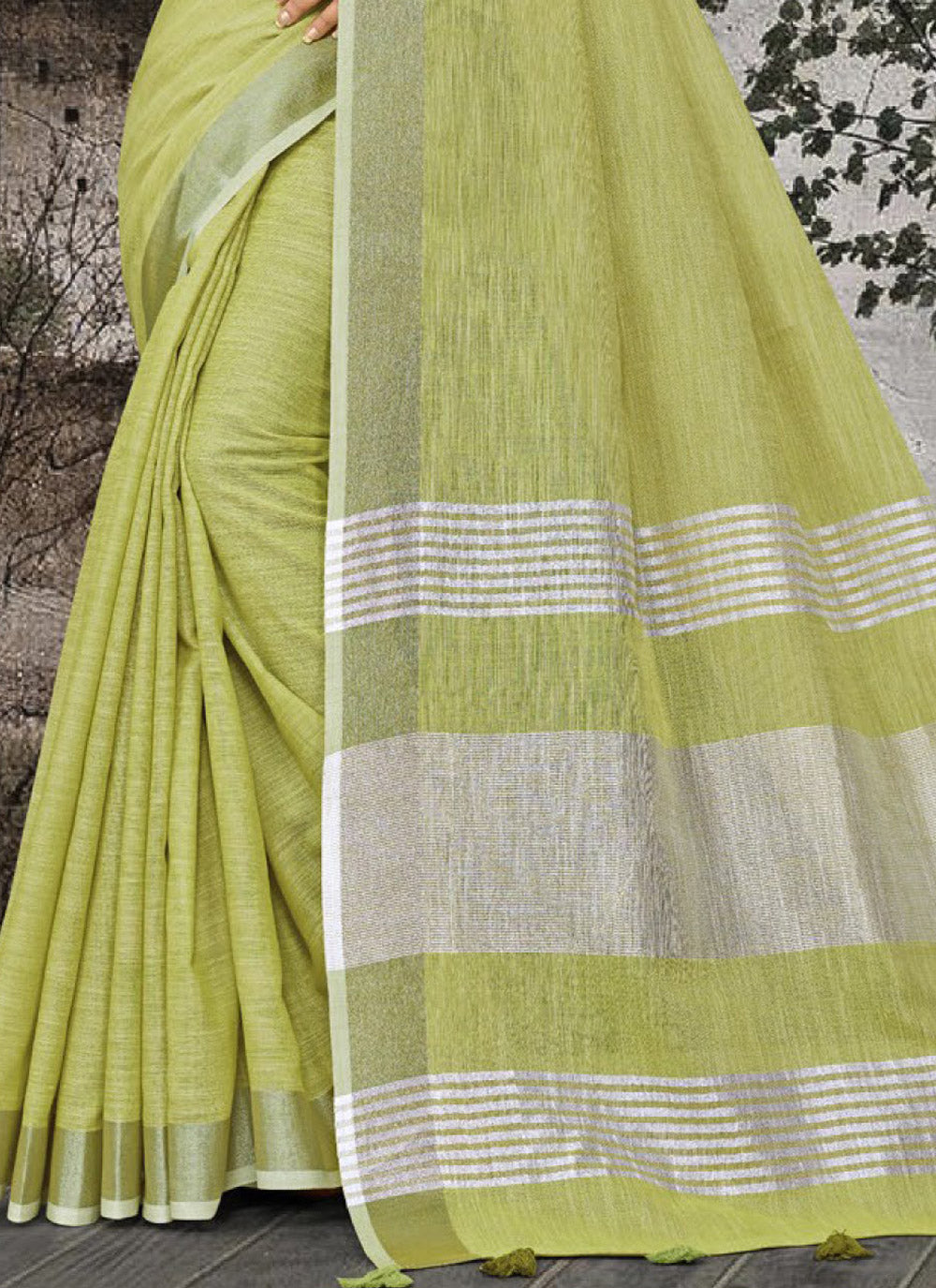 Shree Shyam Fashion Elegant Olive Green Woven Linen Saree with Contrast Zari Border & Tassels - Soft & Breathable Party Wear