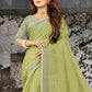 Shree Shyam Fashion Elegant Olive Green Woven Linen Saree with Contrast Zari Border & Tassels - Soft & Breathable Party Wear