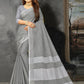 Shree Shyam Fashion Elegant Light Grey Woven Linen Saree with Contrast Zari Border & Tassels - Soft & Breathable Party Wear