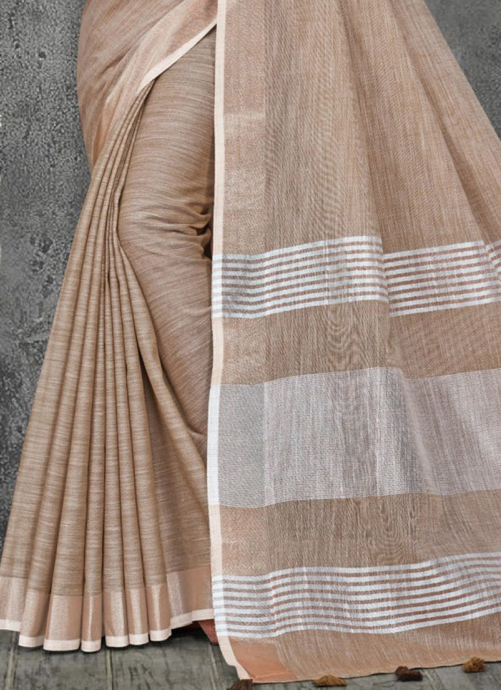 Shree Shyam Fashion Elegant Beige Woven Linen Saree with Contrast Zari Border & Tassels - Soft & Breathable Party Wear