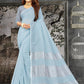 Shree Shyam Fashion Elegant Sky Blue Woven Linen Saree with Contrast Zari Border & Tassels - Soft & Breathable Party Wear