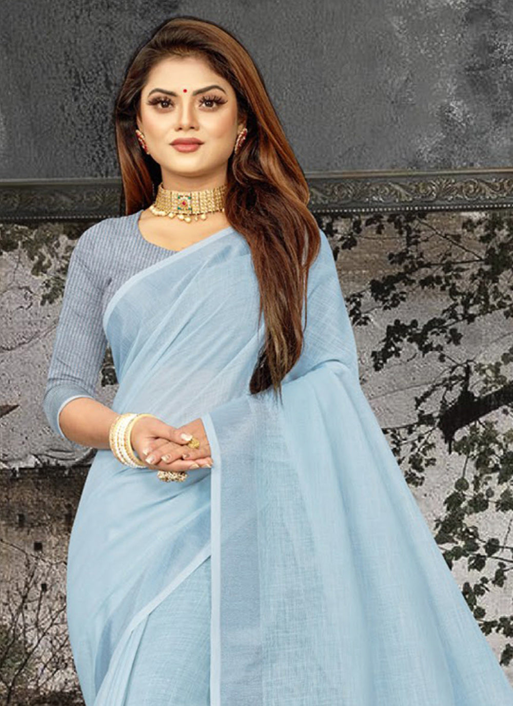 Shree Shyam Fashion Elegant Sky Blue Woven Linen Saree with Contrast Zari Border & Tassels - Soft & Breathable Party Wear