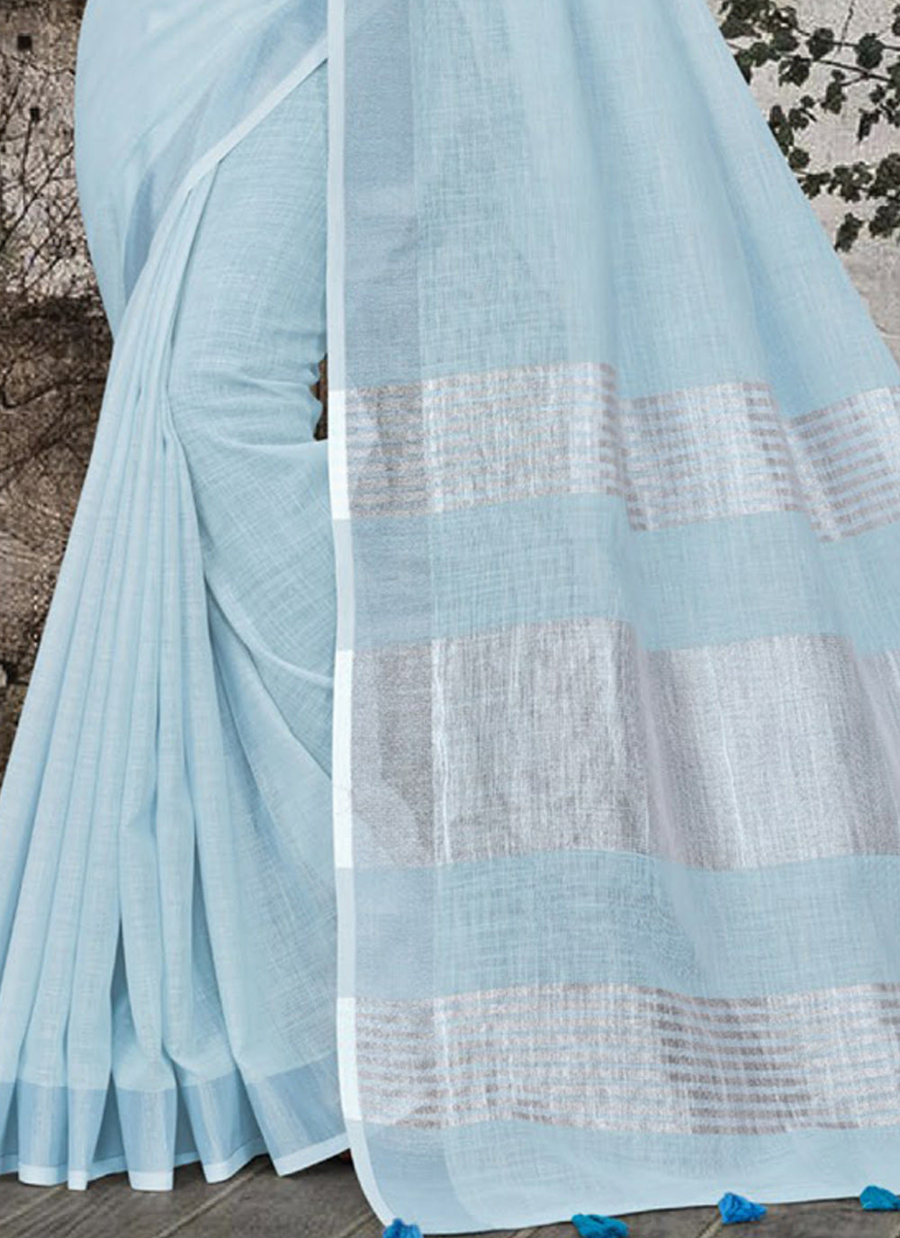 Shree Shyam Fashion Elegant Sky Blue Woven Linen Saree with Contrast Zari Border & Tassels - Soft & Breathable Party Wear