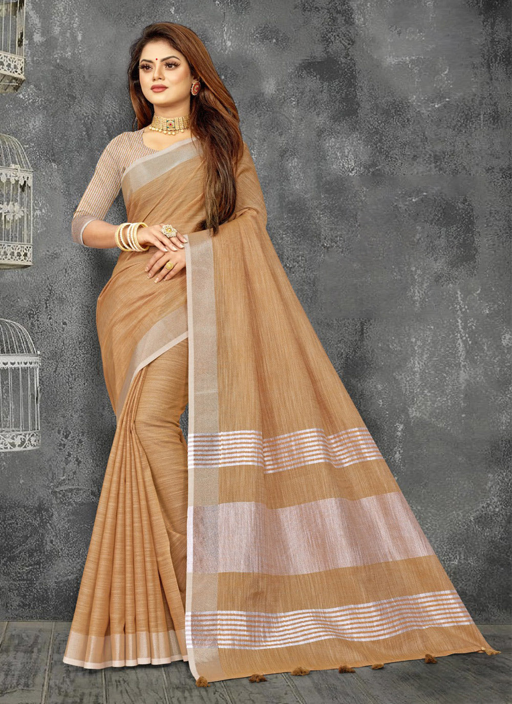 Shree Shyam Fashion Elegant Tan Woven Linen Saree with Contrast Zari Border & Tassels - Soft & Breathable Party Wear