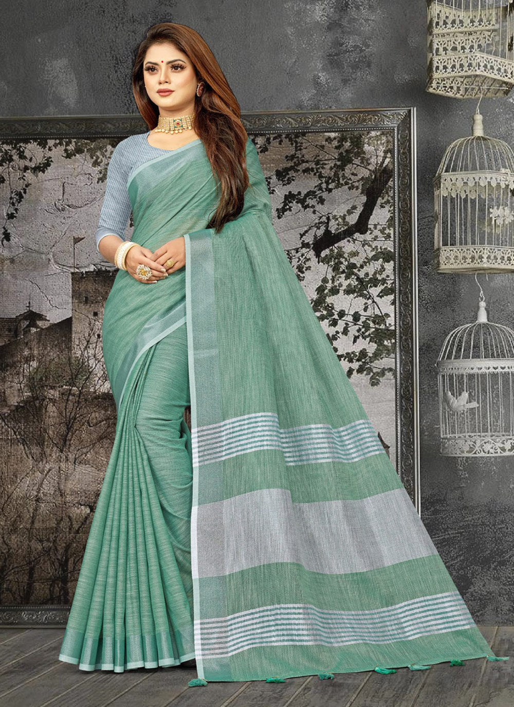 Shree Shyam Fashion Elegant Sea Green Woven Linen Saree with Contrast Zari Border & Tassels - Soft & Breathable Party Wear