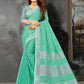 Shree Shyam Fashion Elegant Turquoise Woven Linen Saree with Contrast Zari Border & Tassels - Soft & Breathable Party Wear