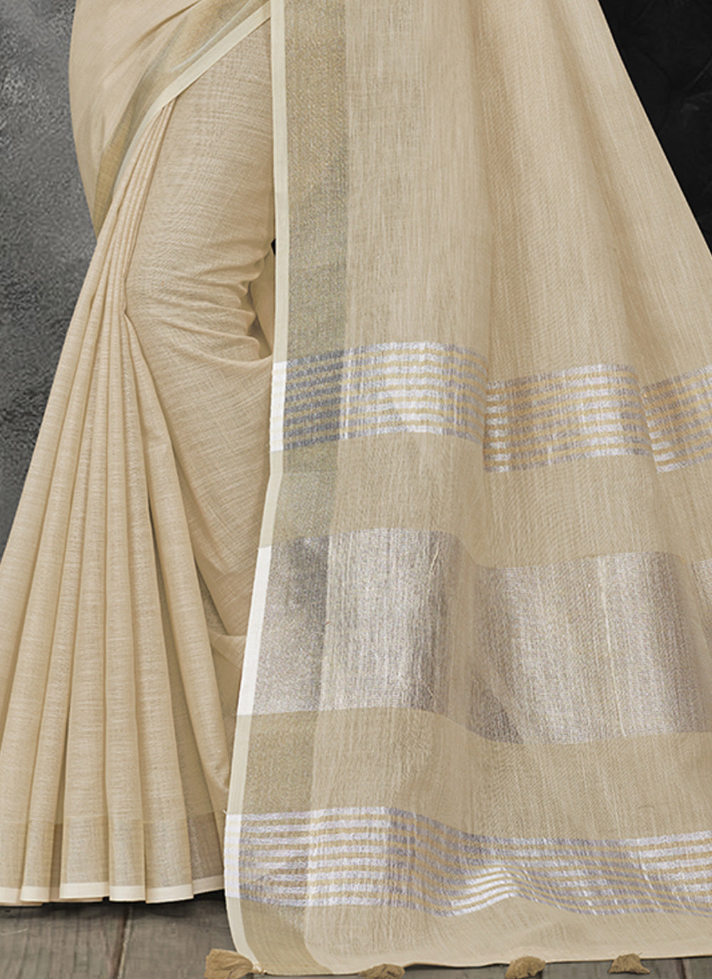 Shree Shyam Fashion Elegant Cream Woven Linen Saree with Contrast Zari Border & Tassels - Soft & Breathable Party Wear