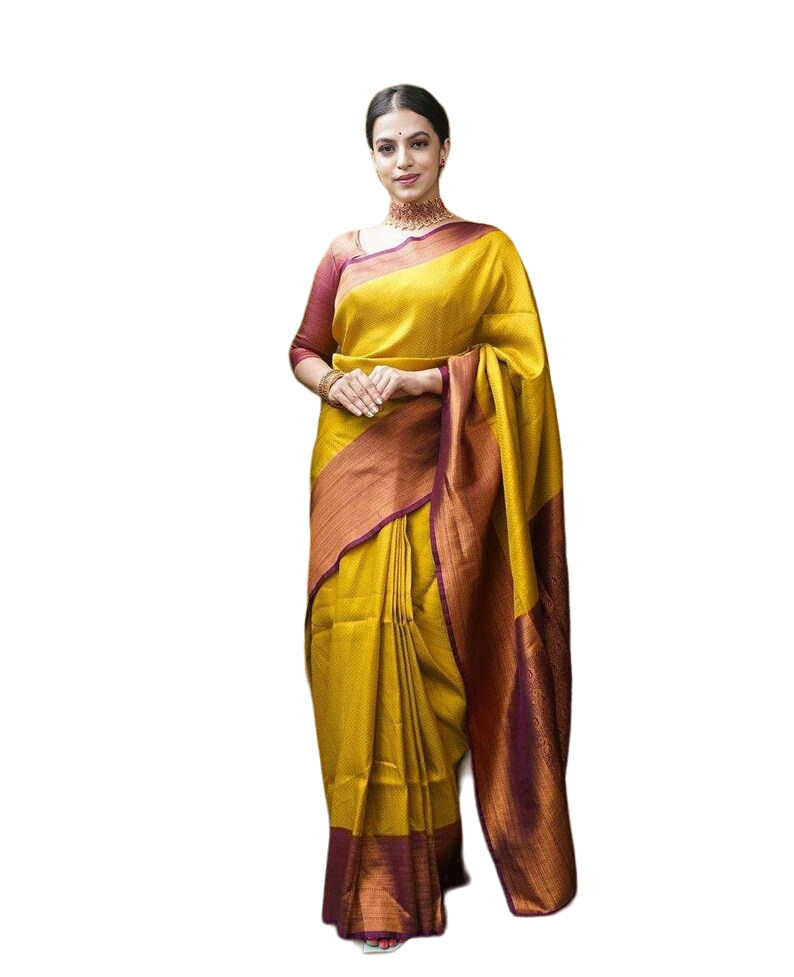 Vamika Weaving Banarasi Jacquard yellow Kanjivaram Saree | Swadesiicart