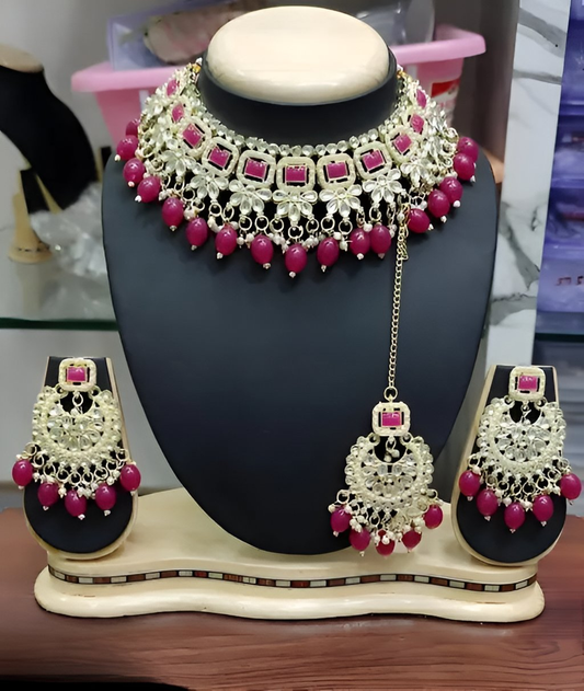 Jewel City Kundan Pearl Choker Necklace Set - Traditional Indian Jewelry with Earrings & Maang Tikka Rani Color | Swadesiicart