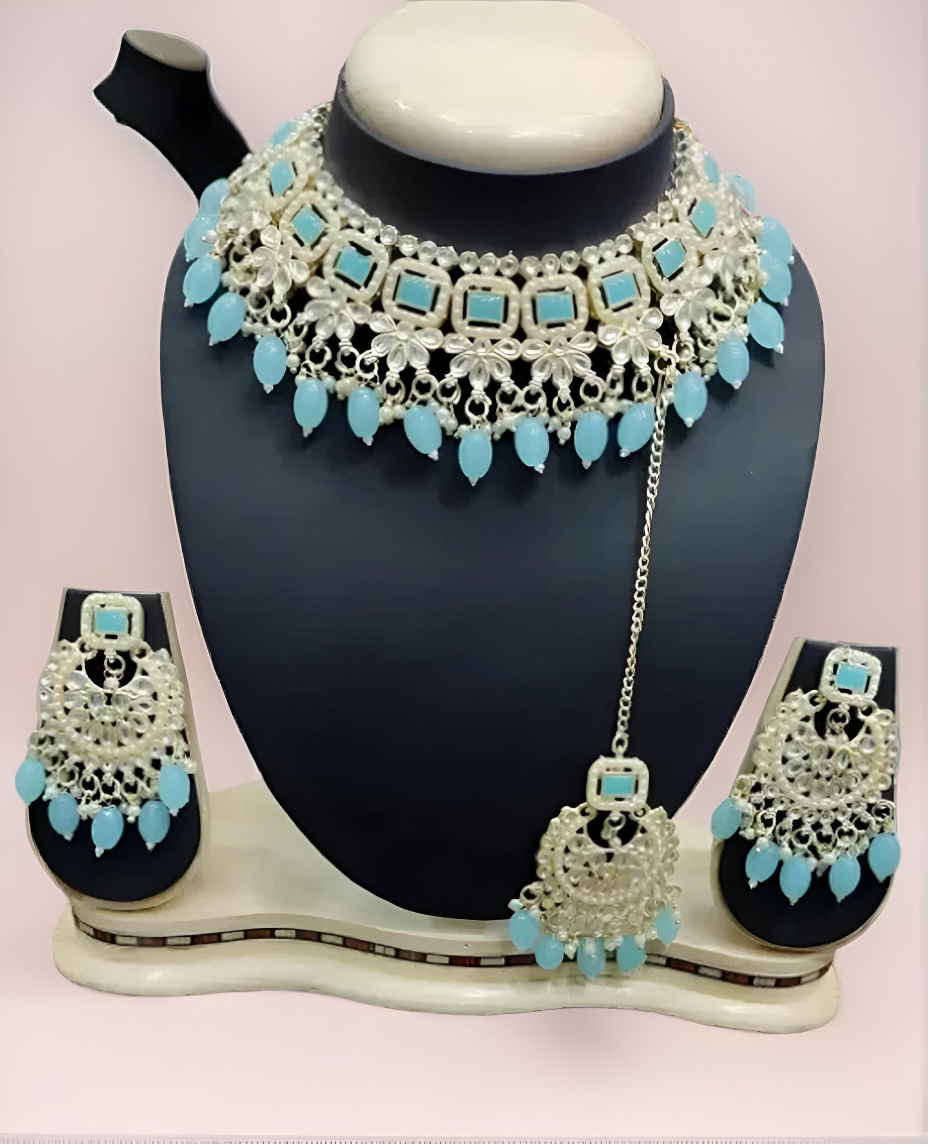 Jewel City Elegant Kundan Pearl Choker Necklace Set - Traditional Indian Bridal Jewelry with Earrings & Maang Tikka | Swadesiicart