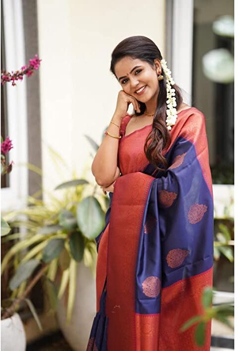 Vamika Weaving Banarasi Jacquard navy Kanjivaram Saree | Swadesiicart