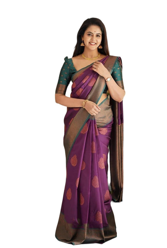 Vamika Weaving Banarasi Jacquard Purple Kanjivaram Saree | Swadesiicart