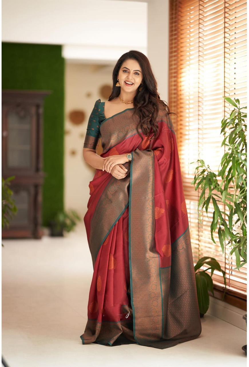 Vamika Weaving Banarasi Jacquard red Kanjivaram Saree | Swadesiicart
