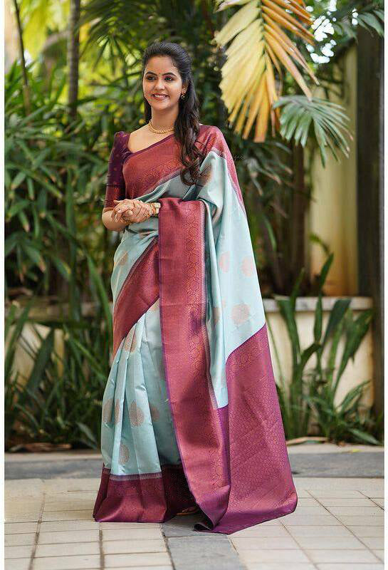 Vamika Weaving Banarasi Jacquard sky blue Kanjivaram Saree | Swadesiicart