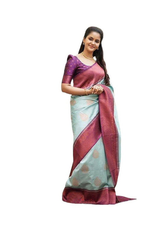 Vamika Weaving Banarasi Jacquard sky blue Kanjivaram Saree | Swadesiicart