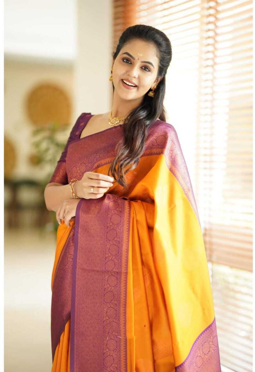Vamika Weaving Banarasi Jacquard yellow Kanjivaram Saree | Swadesiicart