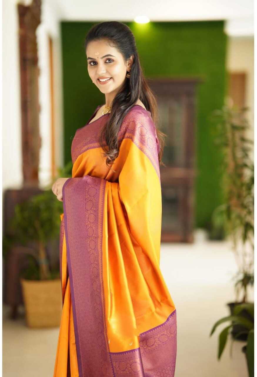 Vamika Weaving Banarasi Jacquard yellow Kanjivaram Saree | Swadesiicart