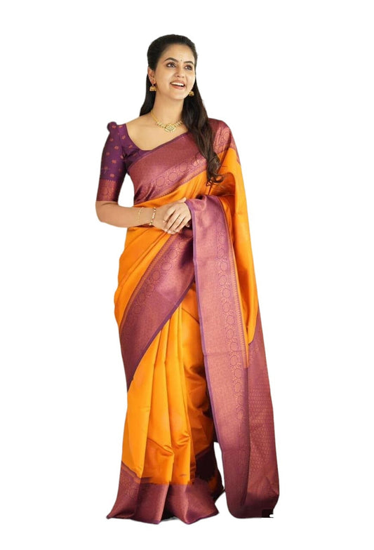 Vamika Weaving Banarasi Jacquard yellow Kanjivaram Saree | Swadesiicart