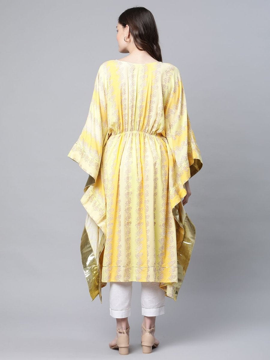 Ahalyaa Women Yellow Rayon Printed Flared Sleeve Kaftan Kurta | Swadesiicart