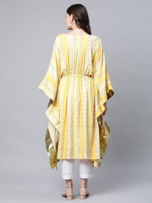 Ahalyaa Women Yellow Rayon Printed Flared Sleeve Kaftan Kurta | Swadesiicart