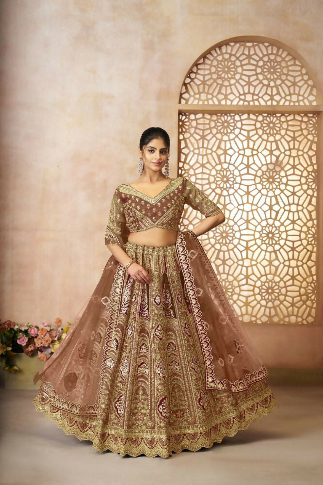 Kesar Fab Coffee Banarasi Silk Embroidered Lehenga | Swadesiicart