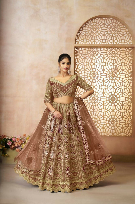 Kesar Fab Coffee Banarasi Silk Embroidered Lehenga | Swadesiicart