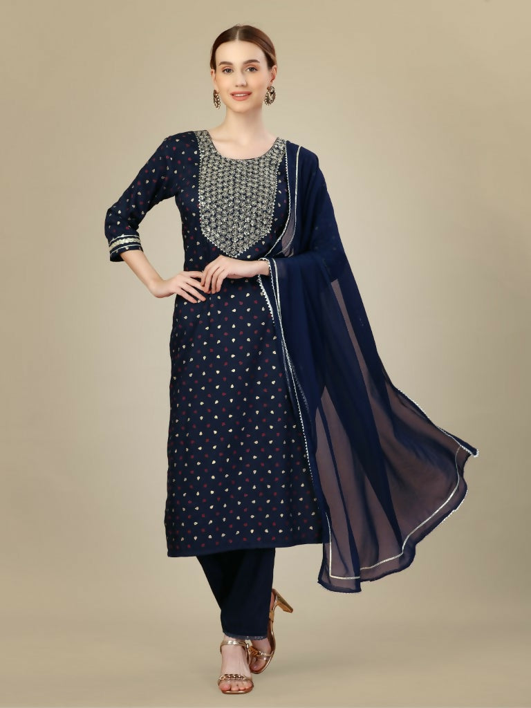 Jyoti Fashion Women's Navy Blue Silk Blend Embroidery & Sequence work Kurta with Trouser & Dupatta | Swadesiicart