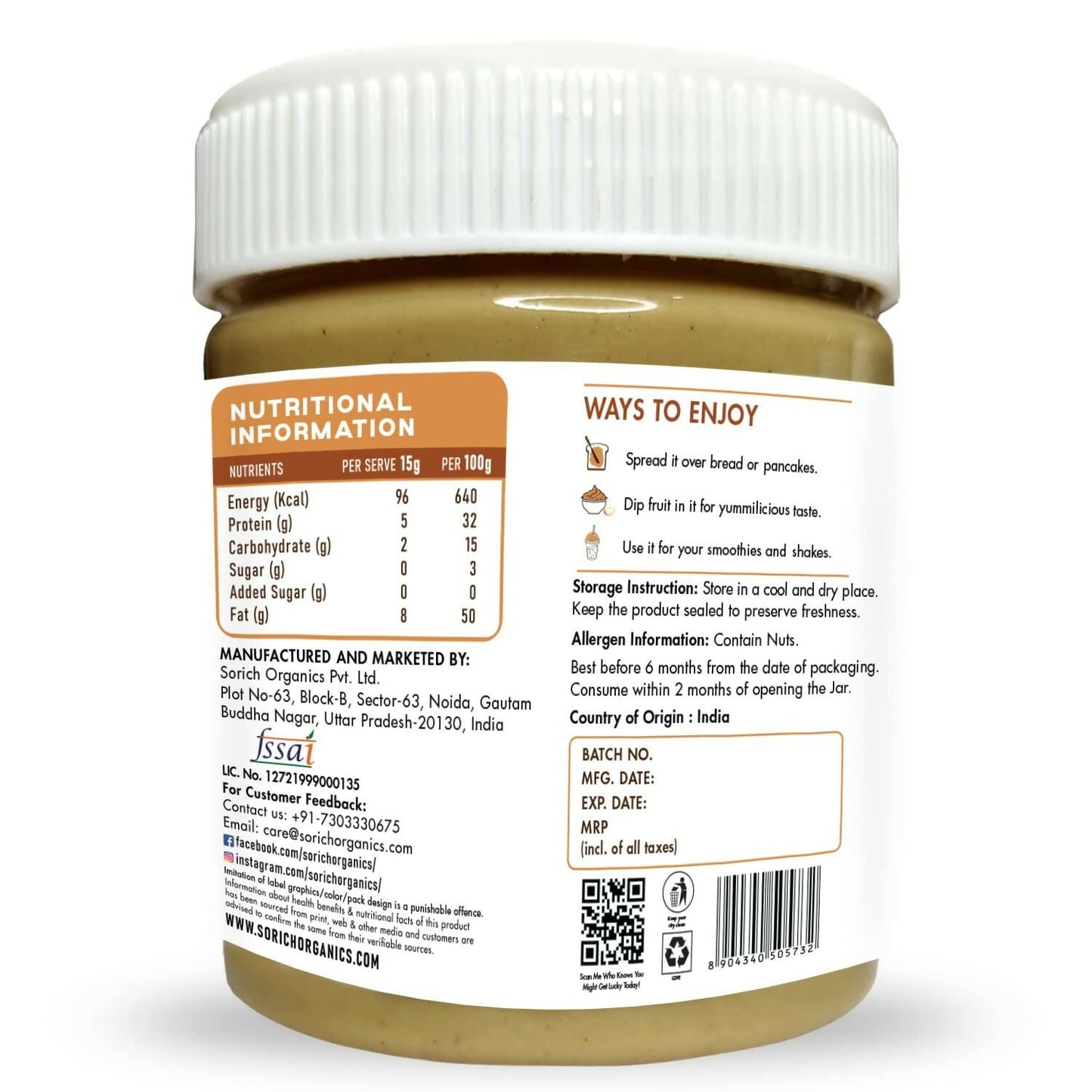 Sorich Organics All Natural Peanut Butter Crunchy - Swadesiicart